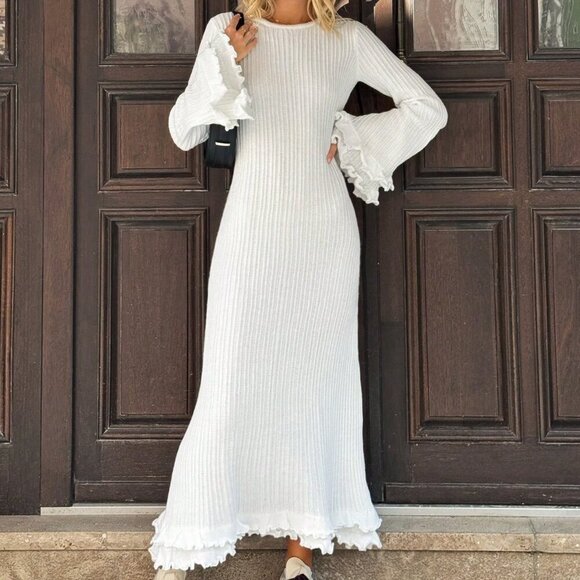 White Elegant Women's Long Sleeve Crew Neck Flare Cuff Sweater Dress - Picture 3 of 5